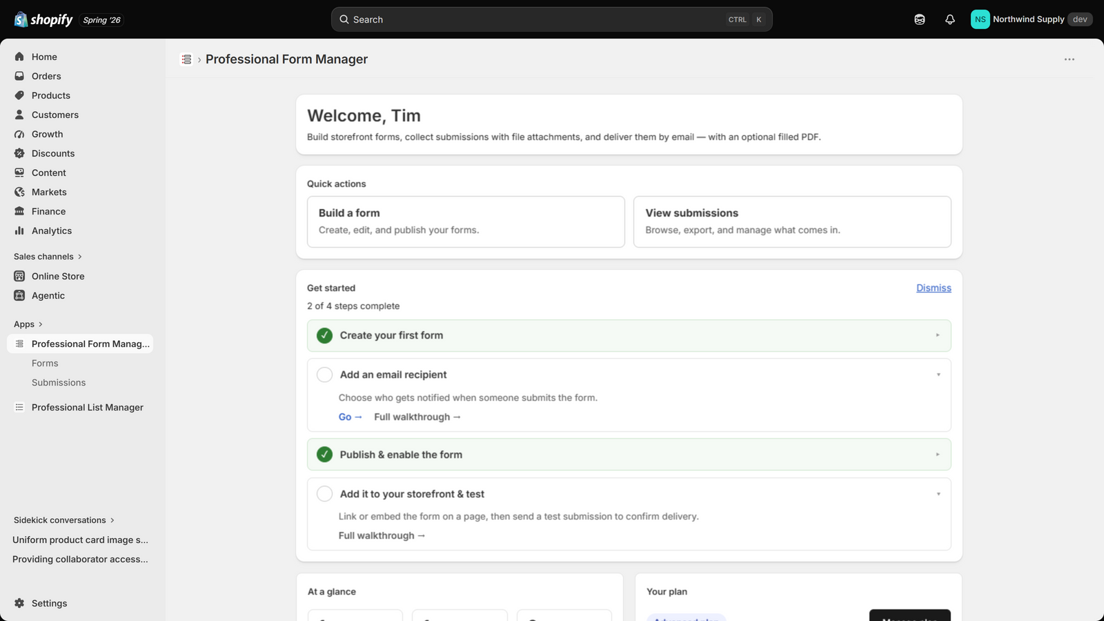 The Professional Form Manager home page in the Shopify admin, with quick actions and the Get started guide