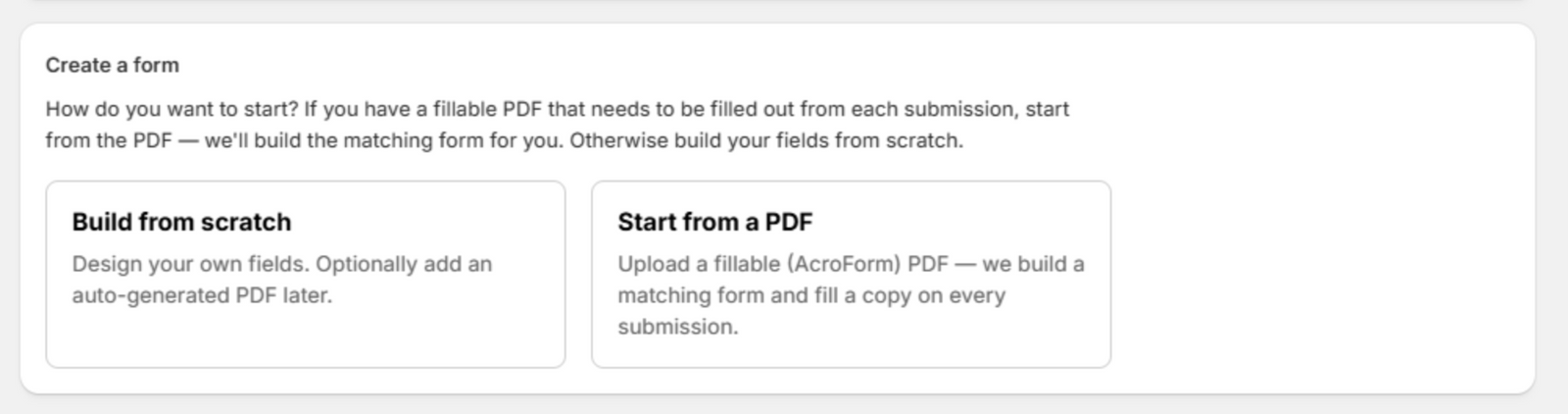The Create a form chooser with two cards: Build from scratch, and Start from a PDF