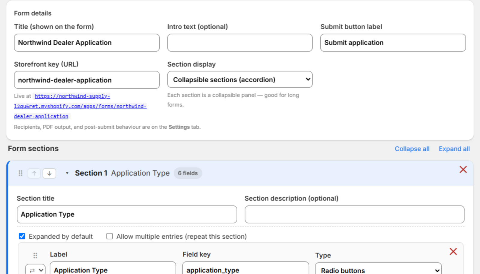 The Build tab: form details (title, URL handle, section display) above the first form section and its fields