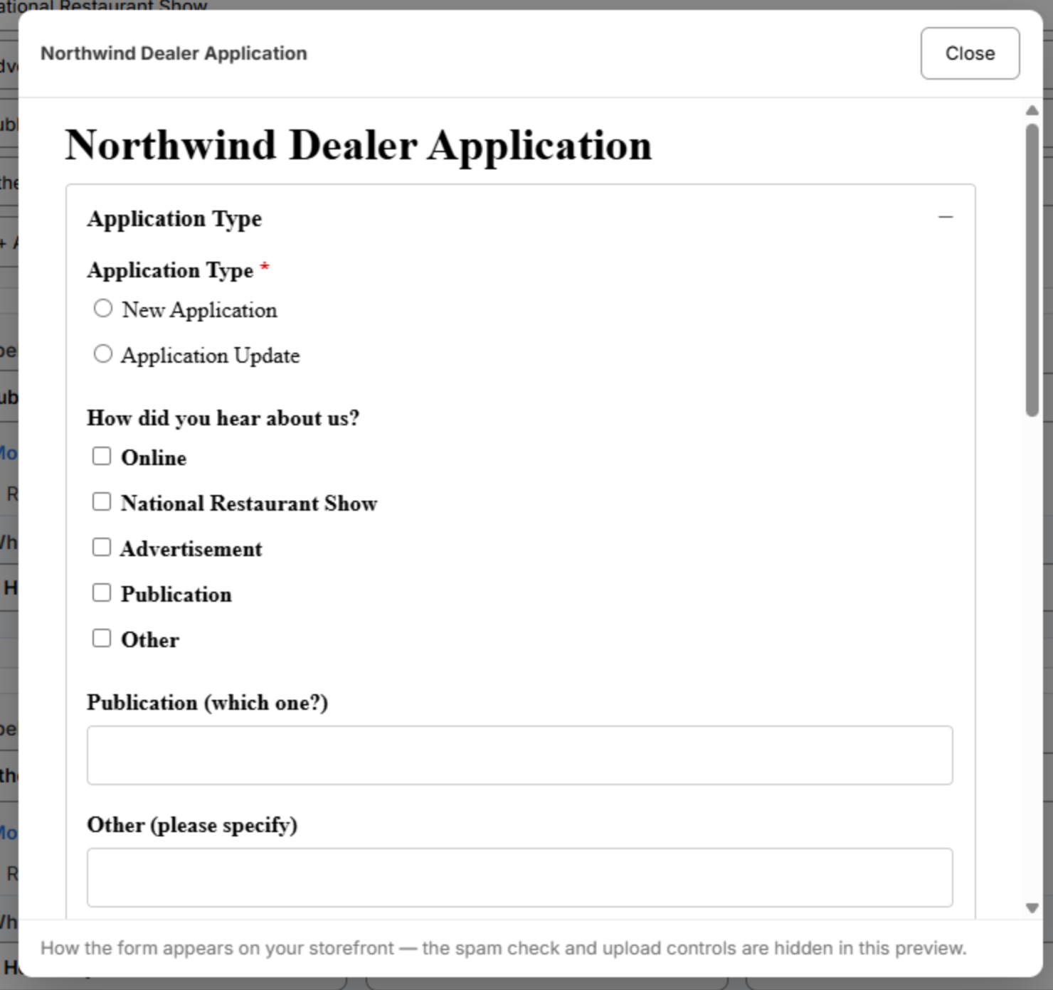 The Preview modal rendering the form as the storefront will show it