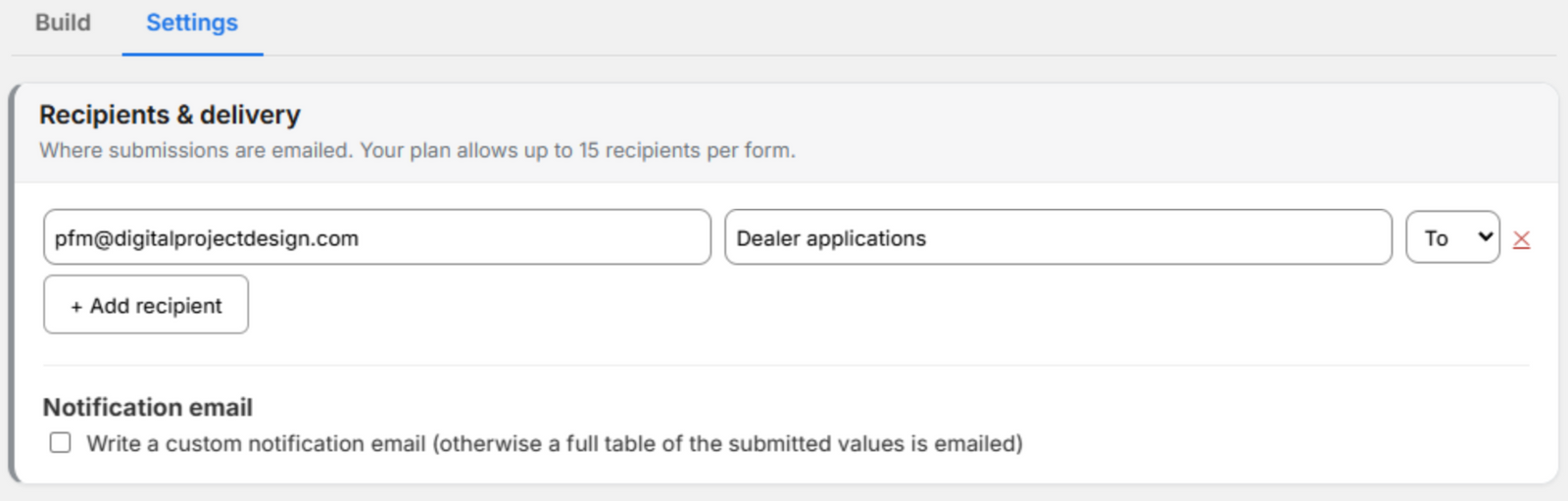 The Recipients & delivery card with one recipient row (email, label, To) and the + Add recipient button