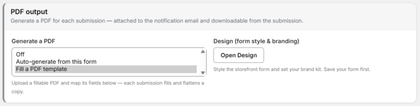 The PDF output card with the Generate a PDF menu open: Off, Auto-generate from this form, Fill a PDF template