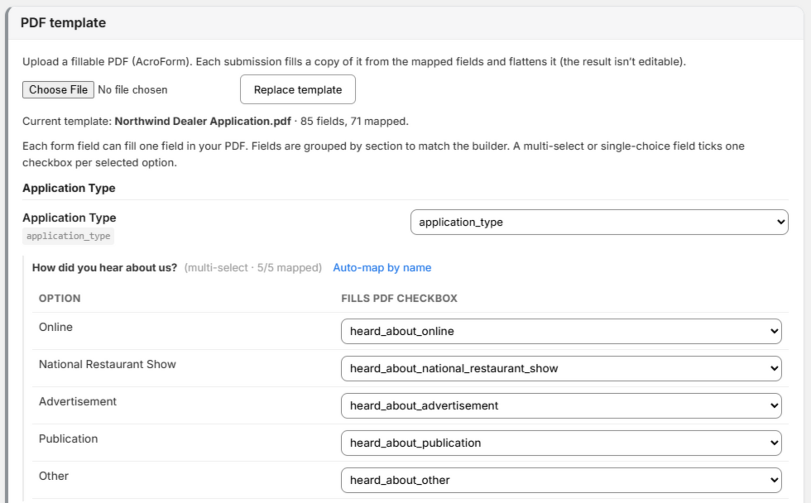 The PDF template card: the uploaded template with 85 fields, 71 mapped, and mapping rows including a multi-select filling one checkbox per option