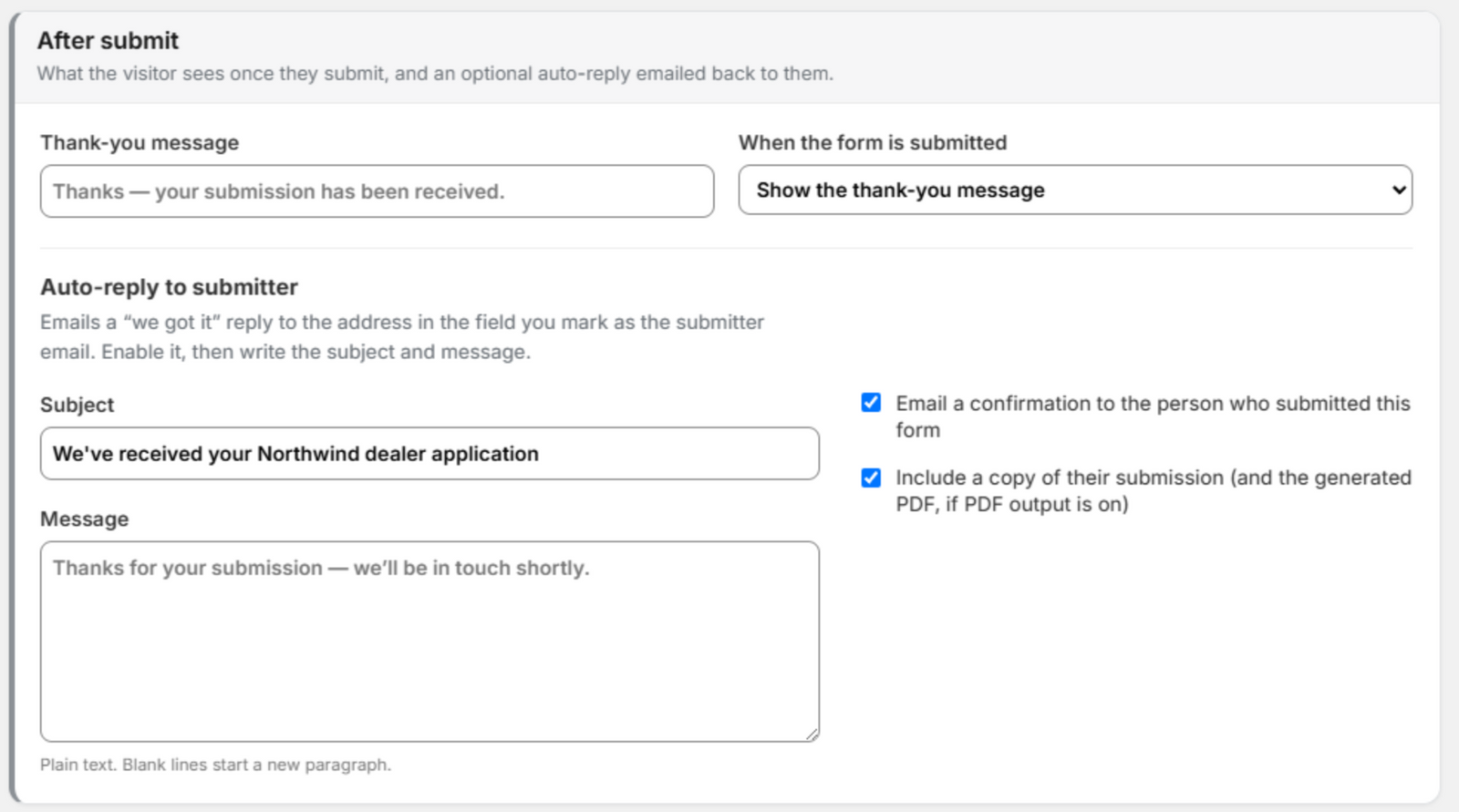 The After submit card: thank-you message, the When the form is submitted choice, and the auto-reply subject and message with its two checkboxes