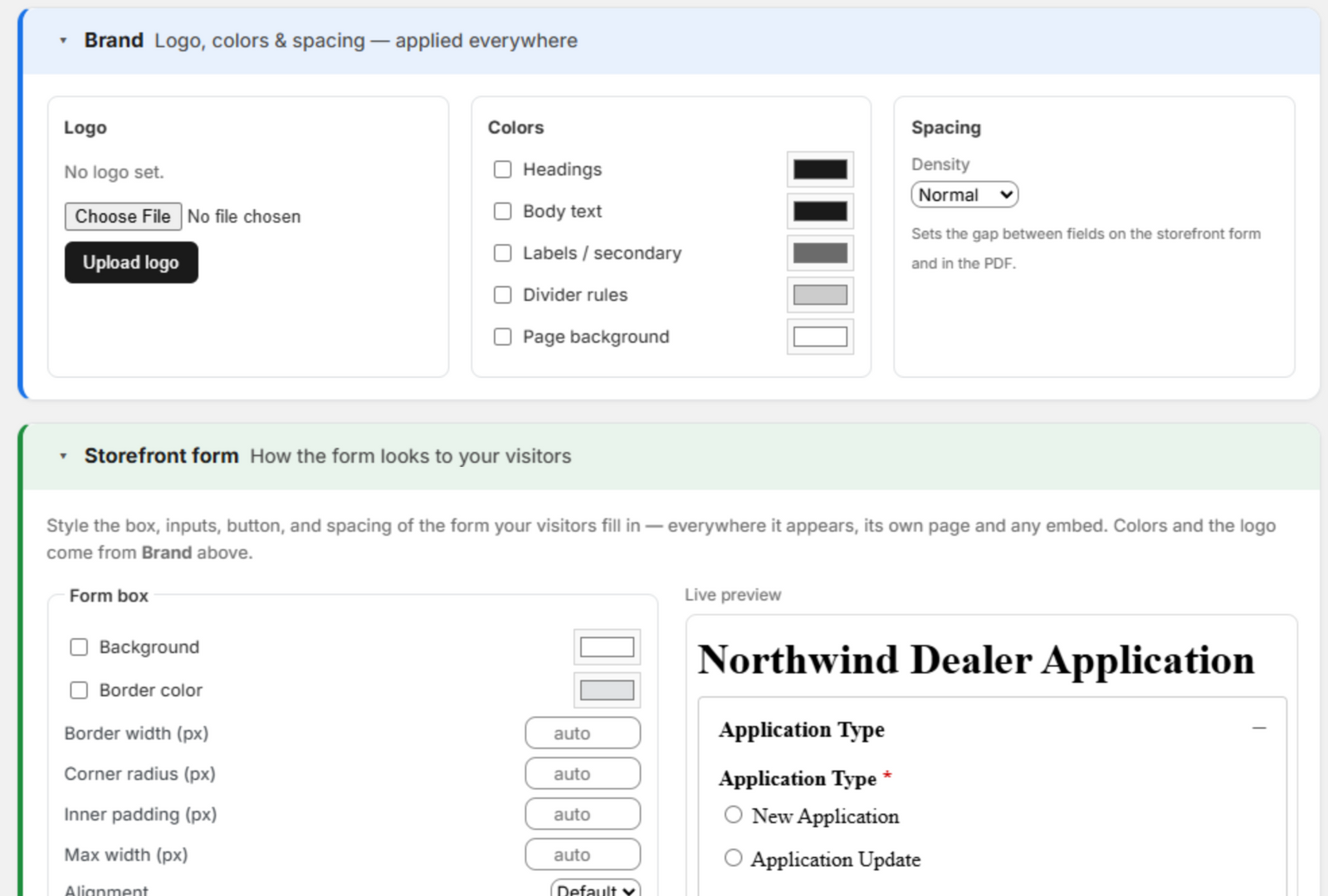 The Design page: the Brand card (logo, colors, spacing) above the Storefront form card with its live preview