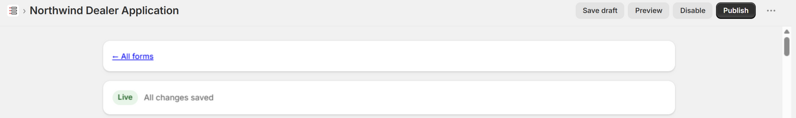The builder title bar with Save draft, Preview, Disable and Publish, above the status banner reading Live — All changes saved