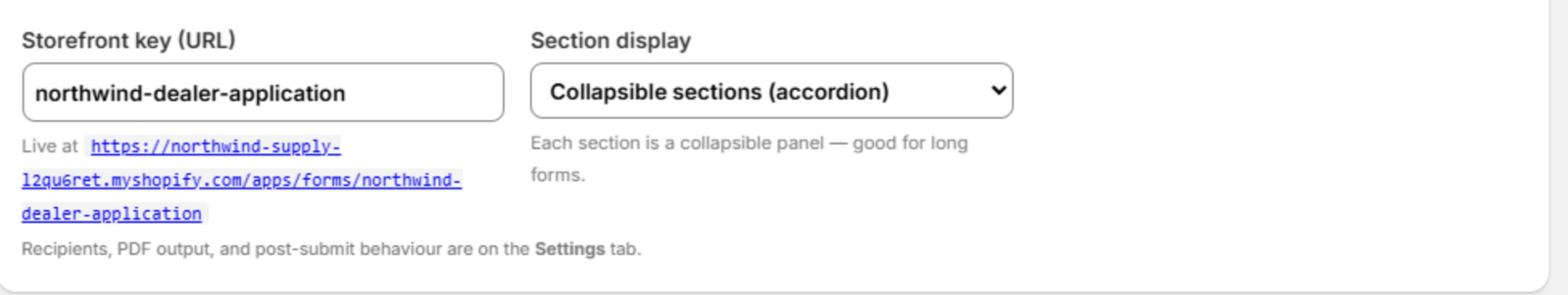 The URL handle field with the Live at link showing the form's /apps/forms/ URL on the store's domain