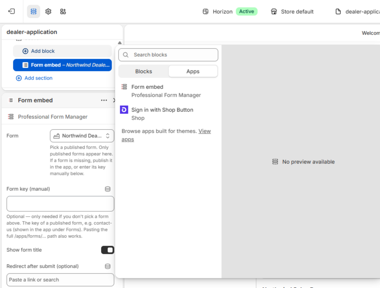 The theme editor with Add block open on the Apps tab, showing the Form embed block from Professional Form Manager