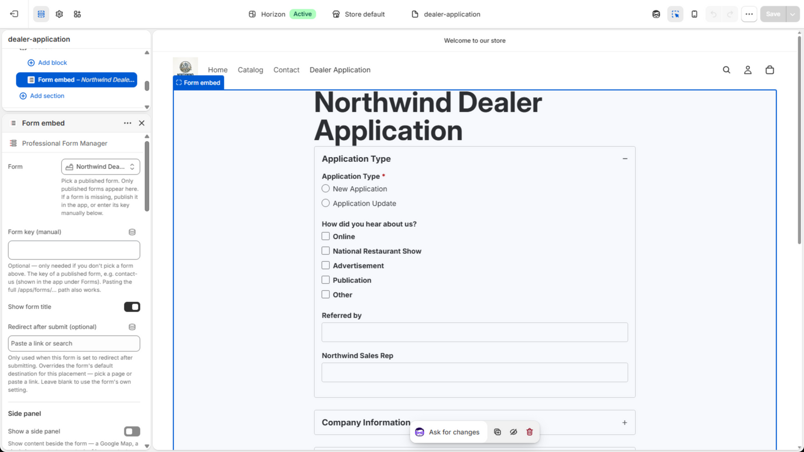 The theme editor with the Form embed block placed on the page and its settings panel open: the Form picker, manual key, title toggle and redirect override