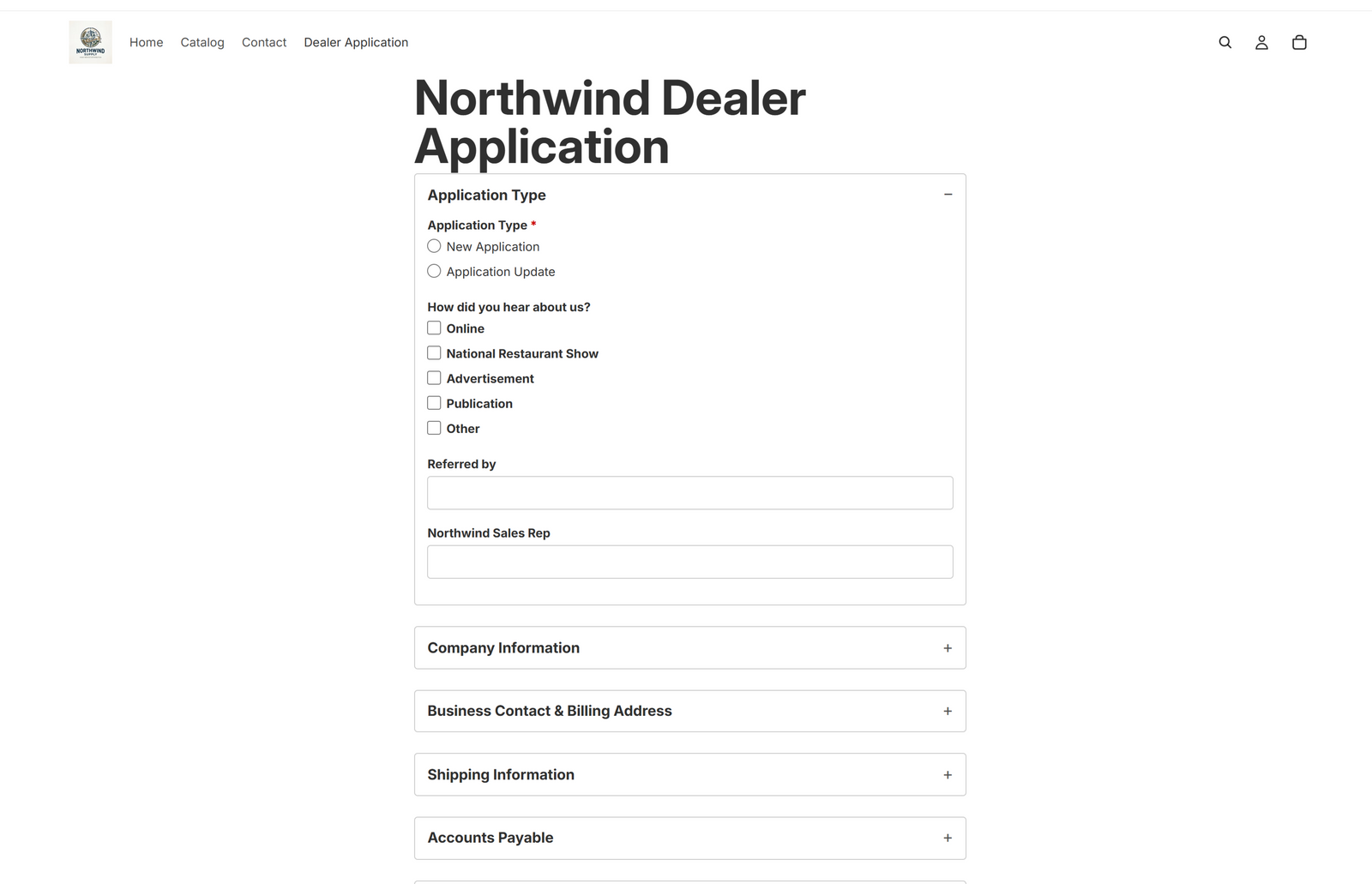 The finished form live on a storefront page: the store's navigation, the form title, an open first section and collapsed sections below