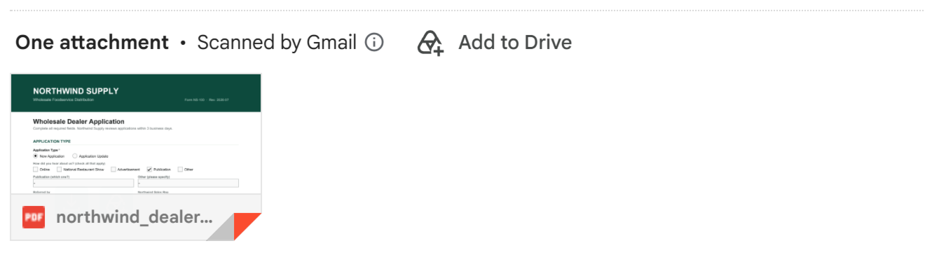 The end of the same email: the filled application PDF attached, its thumbnail showing the branded, completed first page