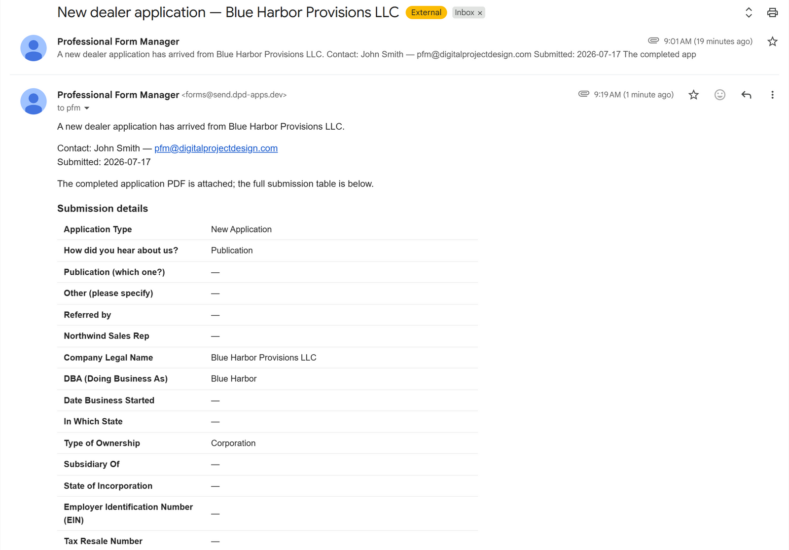 The delivered notification email: merge-tag subject, custom message, and the full submission table below it