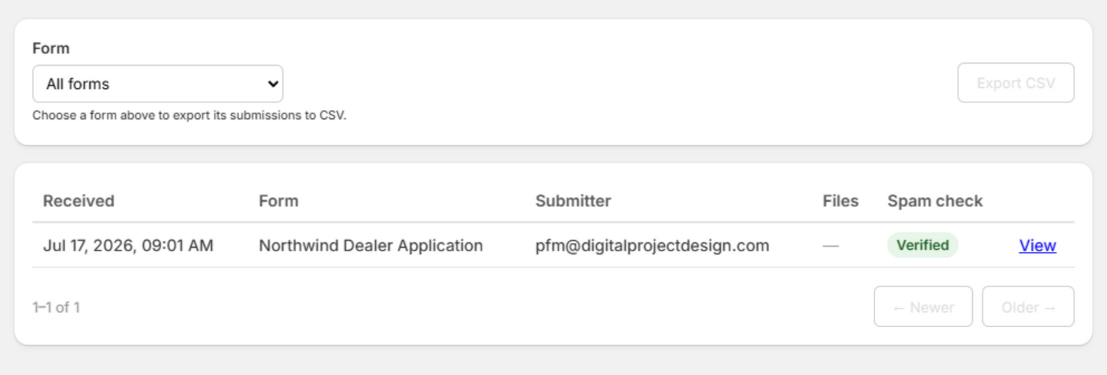 The Submissions list: the Form filter with Export CSV, and a row showing Received, Form, Submitter, Files and a Verified spam-check pill