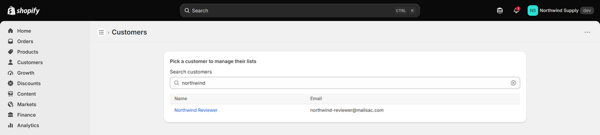 The Customers page with a search result