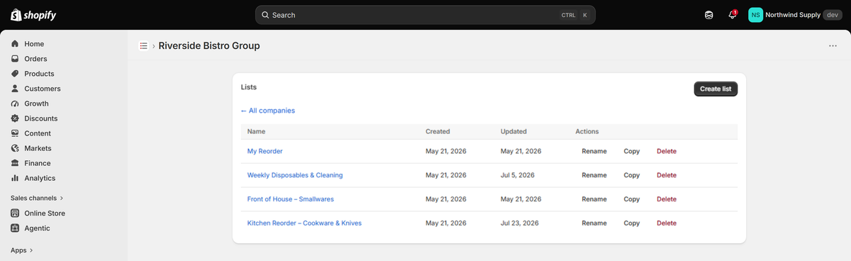 A company's Lists page
