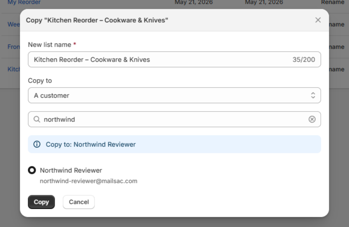 The Copy pop-up with a customer selected