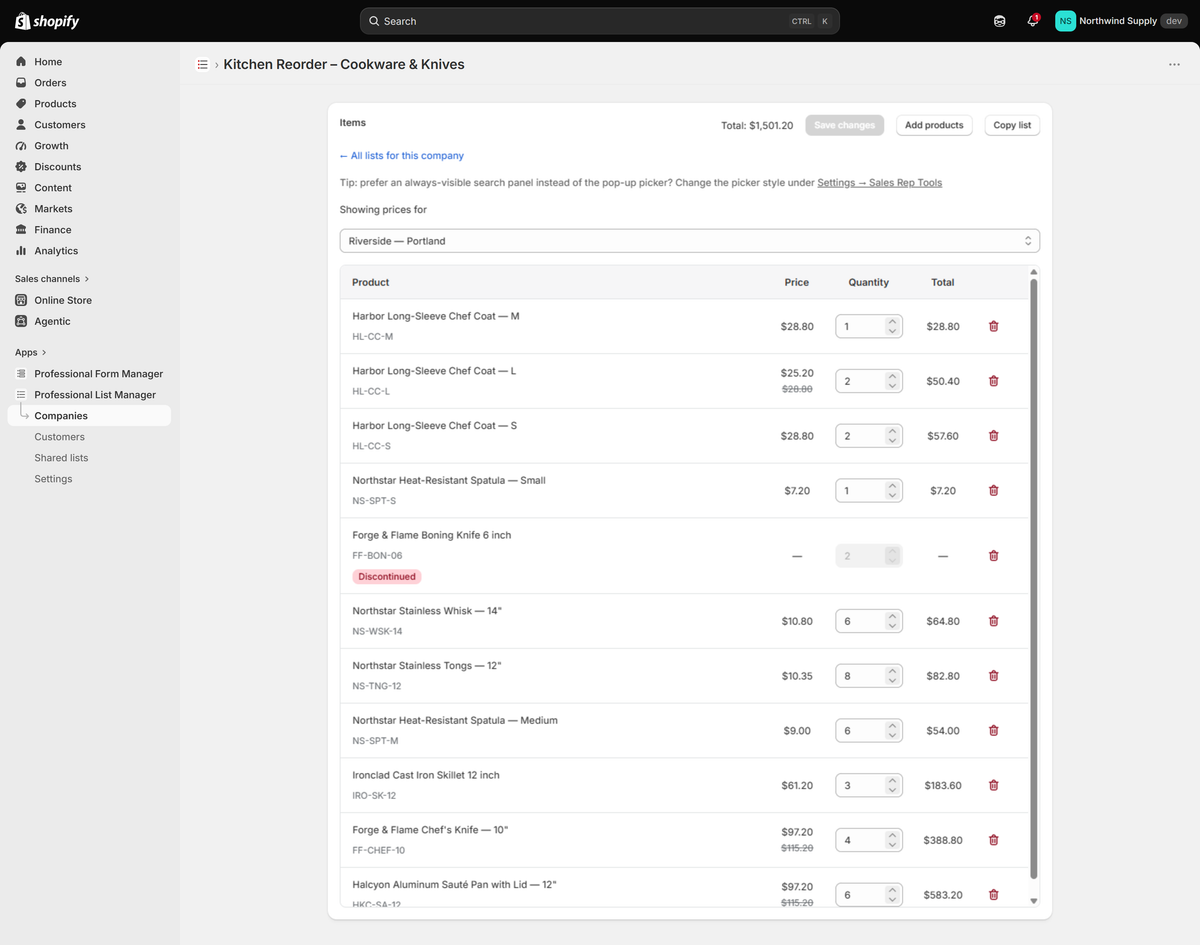 A company list in Shopify product picker mode