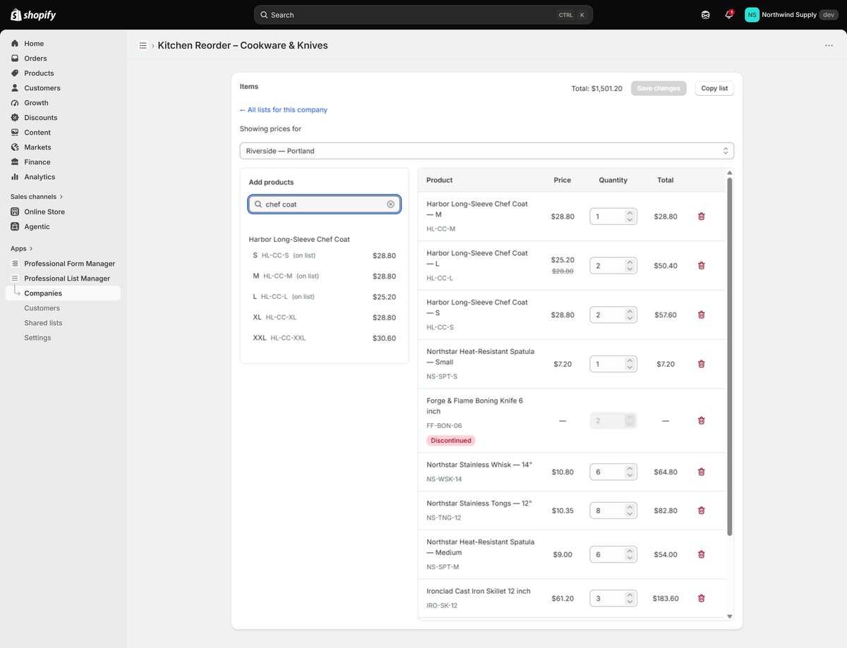 A list in Custom search picker mode