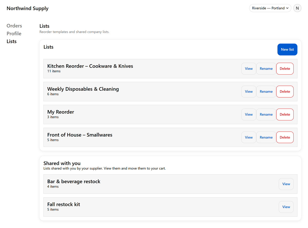 The buyer's Lists page with a Shared with you section