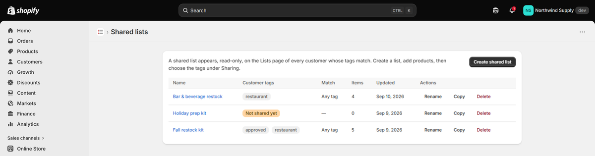 The Shared lists page