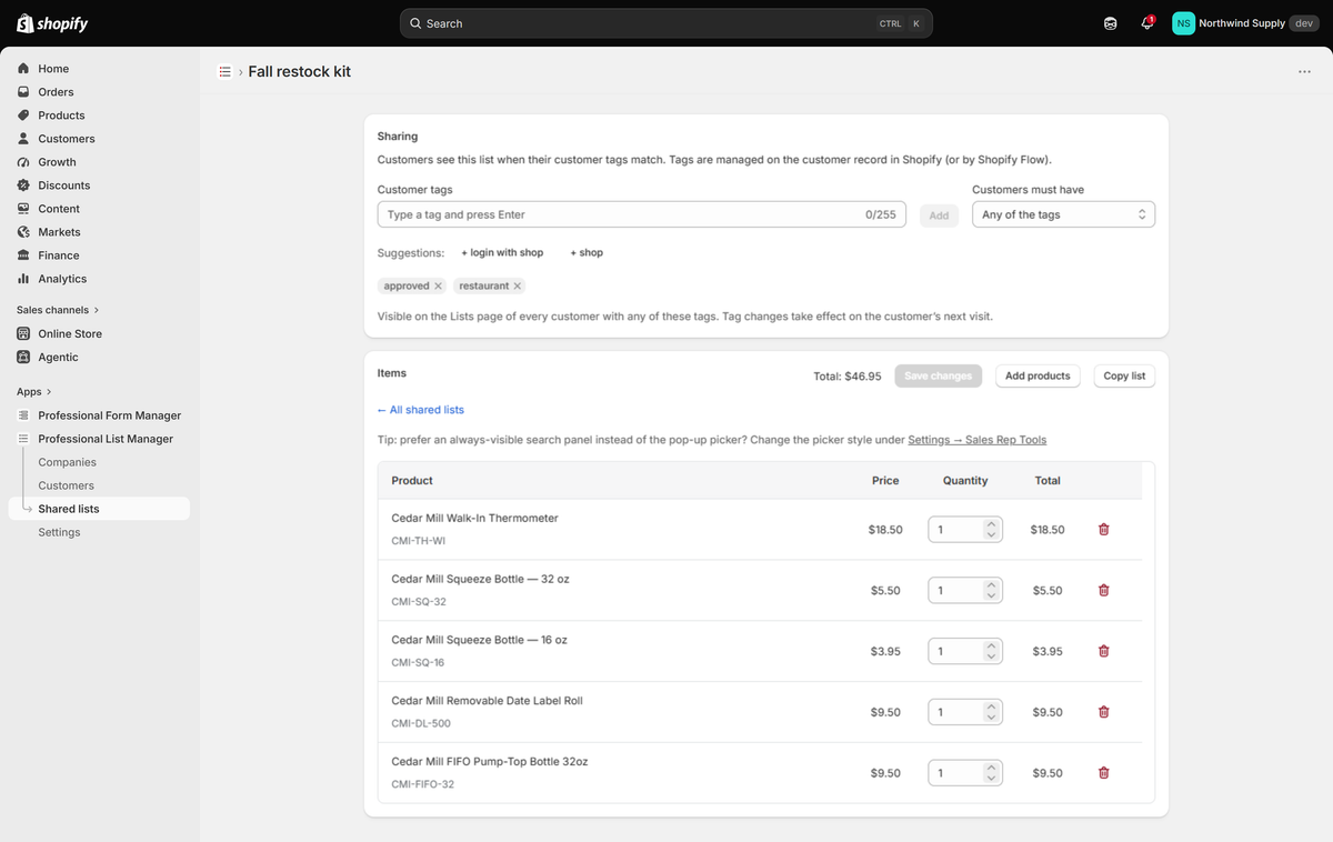 A shared list with its Sharing section