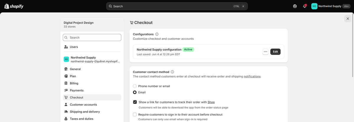 Settings → Checkout in the Shopify admin