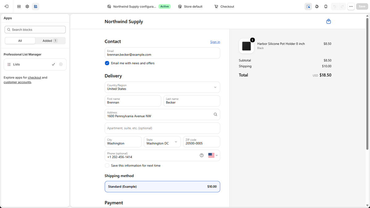 The customizer Apps panel with Lists under Professional List Manager