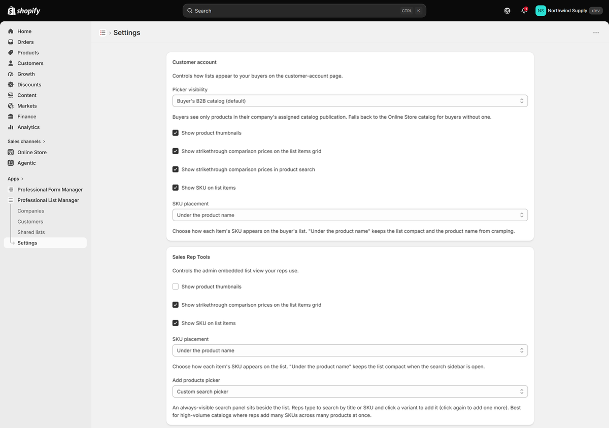 Settings page — Customer account and Sales Rep Tools sections