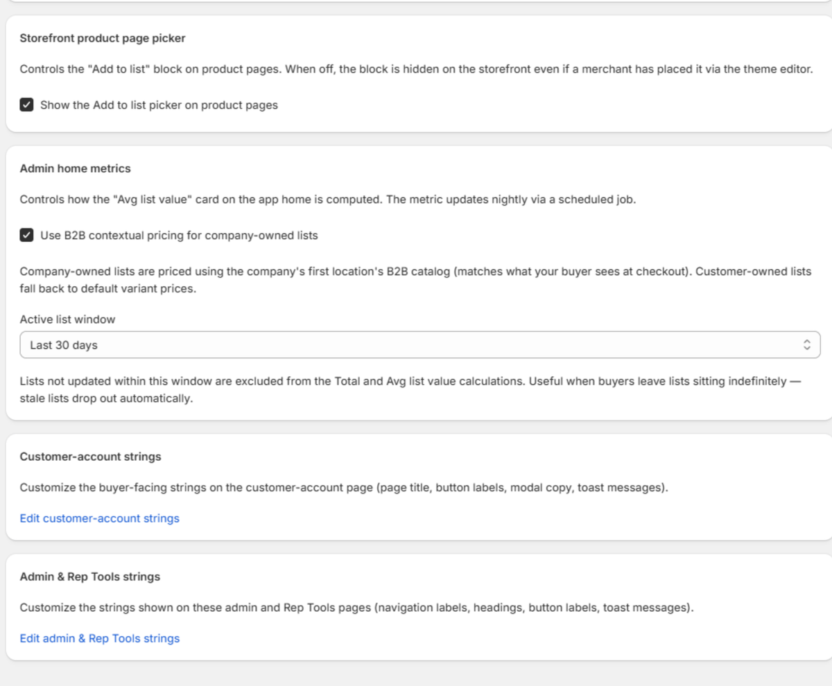 Settings page — storefront picker, metrics, and text editor links