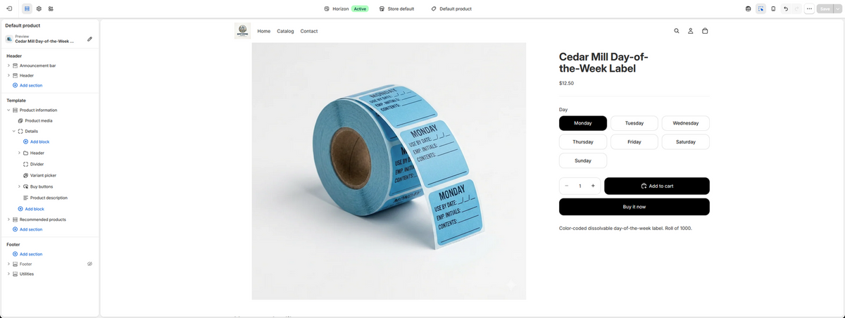 The theme editor on the Product template