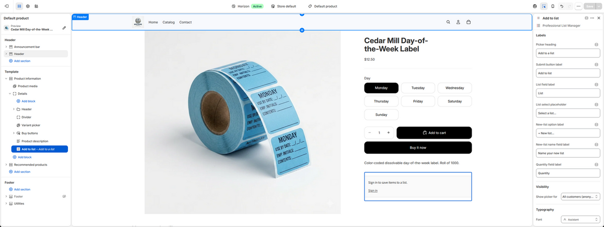 The Add to list block placed near Add to cart, with its settings panel