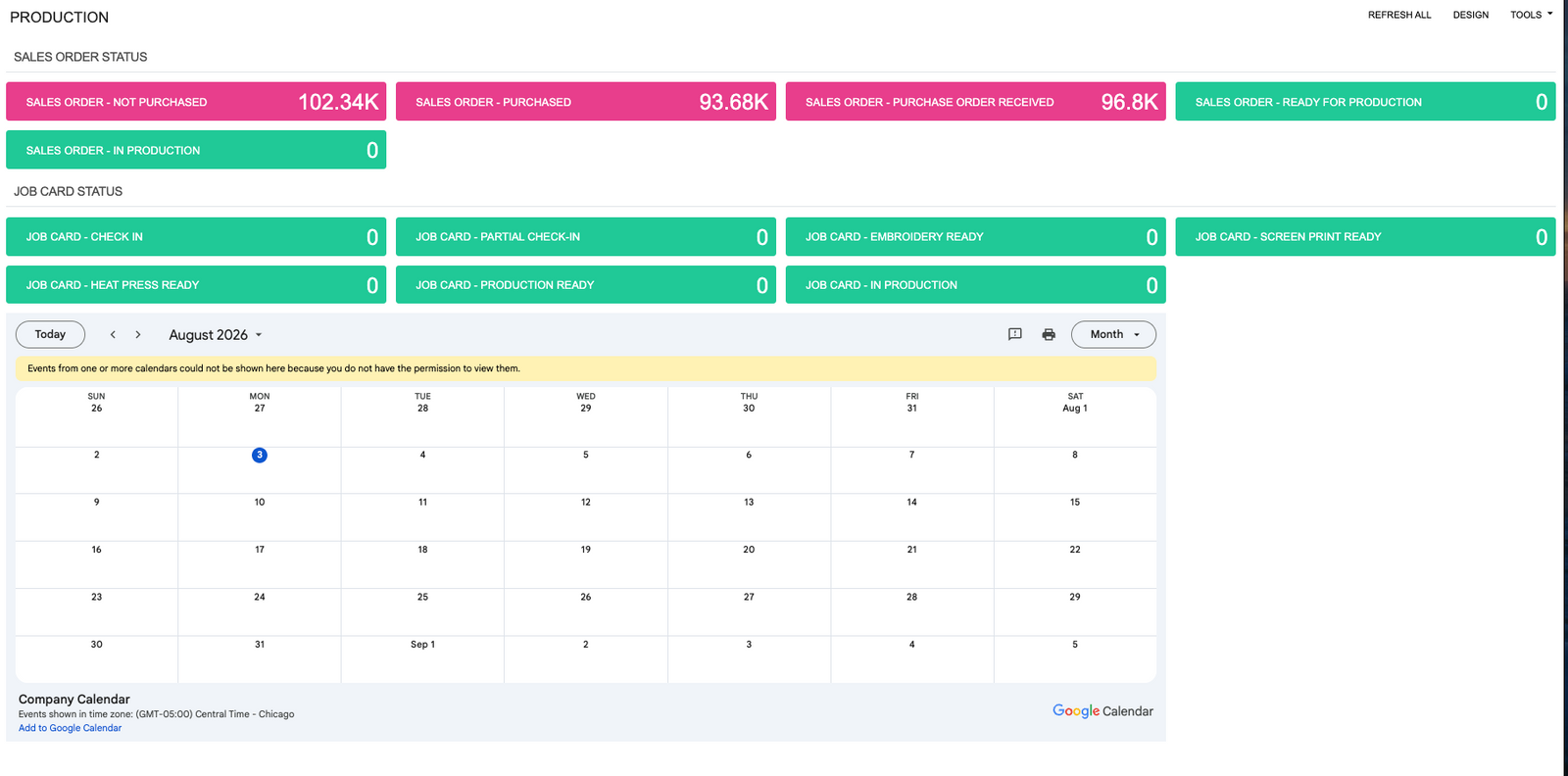 Production Dashboard — Acumatica, Imprint Engine